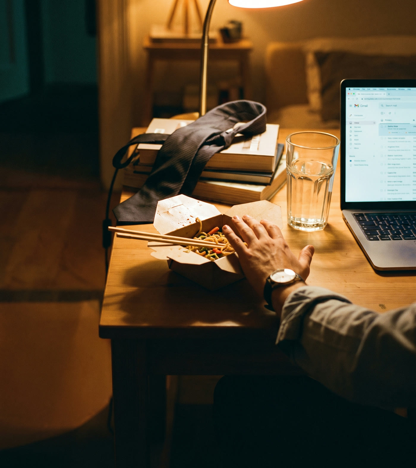 A half-eaten takeout container pushed away on a desk at 11 pm