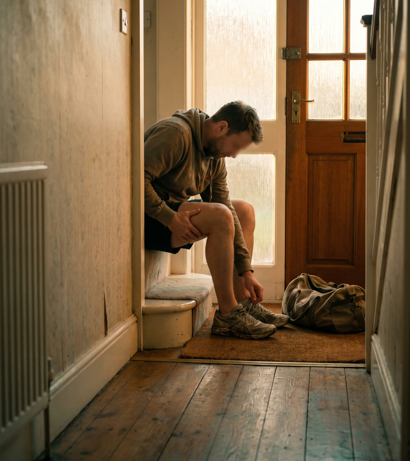 Worn running shoes on a doormat at dawn, a hand on a sore thigh