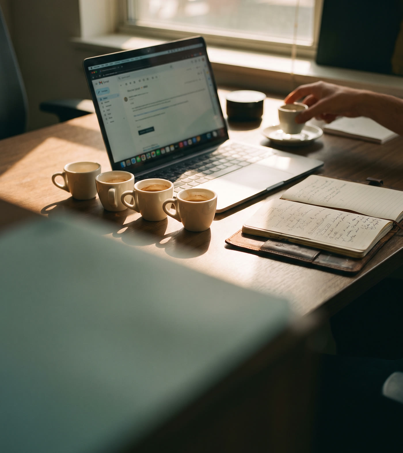Four empty espresso cups beside a laptop in hard afternoon light