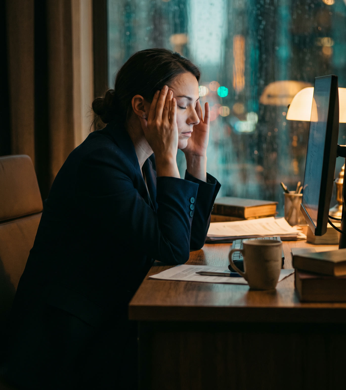 A woman at a desk at night with both hands pressed to her temples