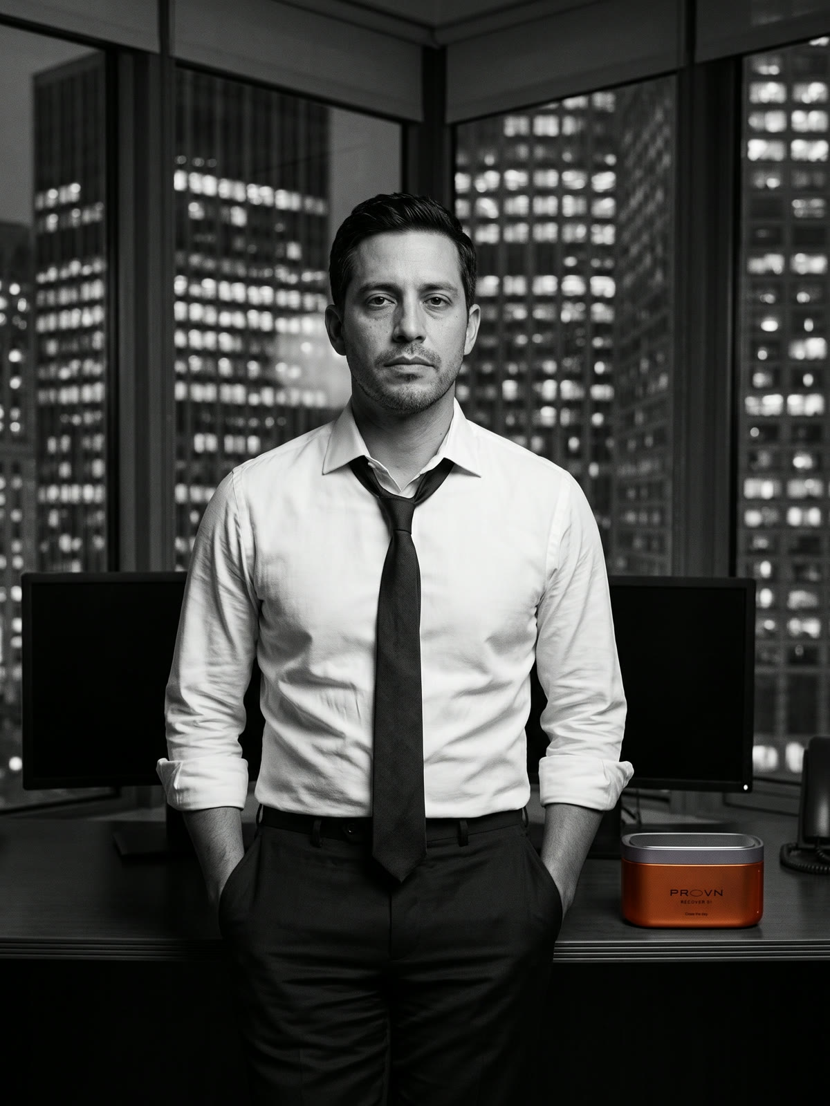 Daniel Reyes at his desk at night
